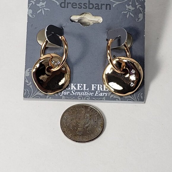 2/$30 Gold tone Interconnected Hoop Sparkle Crystal Disc Stylish Drop Earrings - Picture 7 of 8